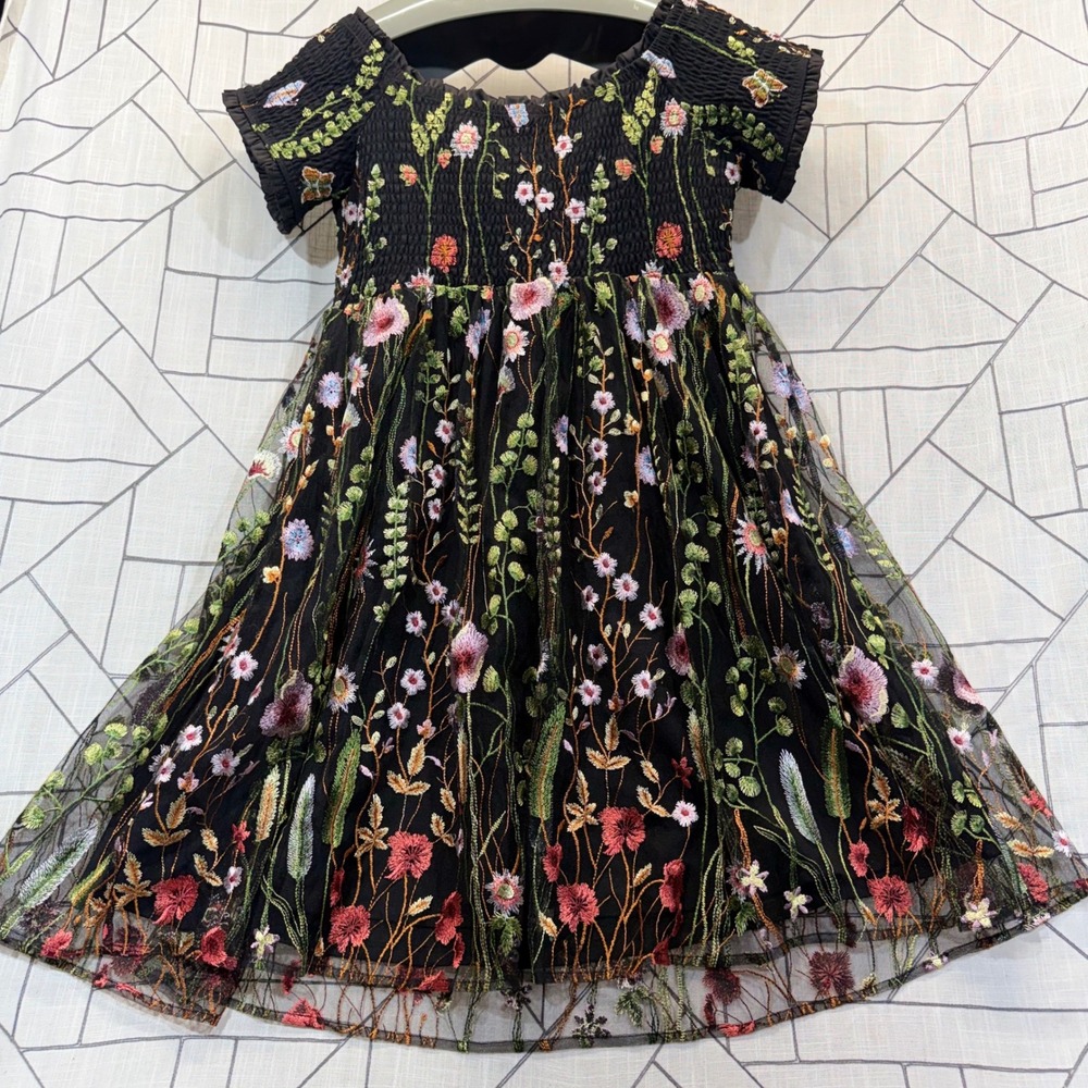 Torrid Mesh Mini Dress 1 Black Wildflower Butterfly Embroidered Smocked Square - Picture 2 of 6